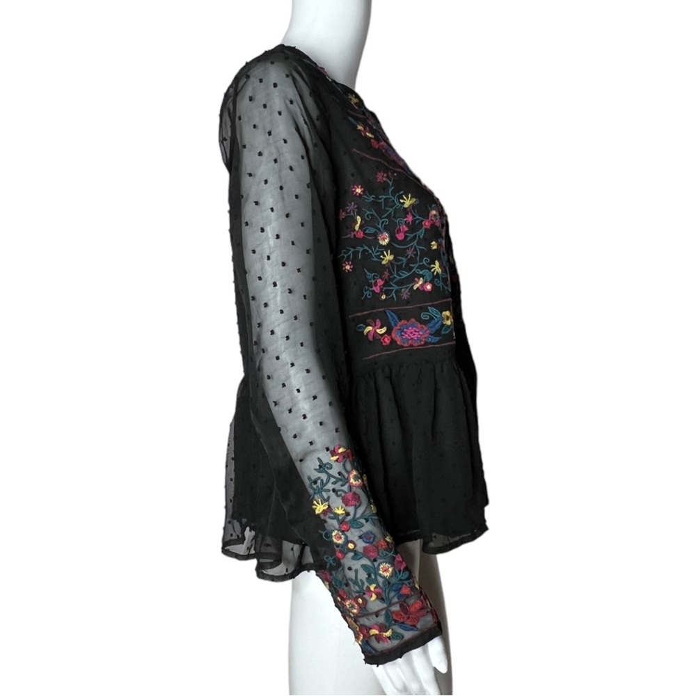 Black Embroidered Peplum Blouse with Sheer Sleeves - Picture 2 of 9
